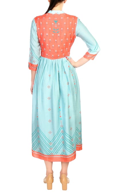 Shop Soup By Sougat Paul Blue Mandarin Collar Tussar Silk Flared Pleated Dress at Aza Fashions Shop_Soup By Sougat Paul_Blue Mandarin Collar Tussar Silk Flared Pleated Dress _at_Aza_Fashions