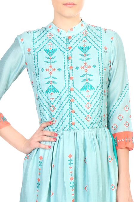 Soup By Sougat Paul Blue Mandarin Collar Tussar Silk Flared Pleated Dress Online at Aza Fashions Soup By Sougat Paul_Blue Mandarin Collar Tussar Silk Flared Pleated Dress _Online_at_Aza_Fashions