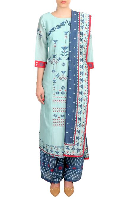 Soup By Sougat Paul Blue Round Chanderi Kurta Set Online at Aza Fashions Soup By Sougat Paul_Blue Round Chanderi Kurta Set _Online_at_Aza_Fashions