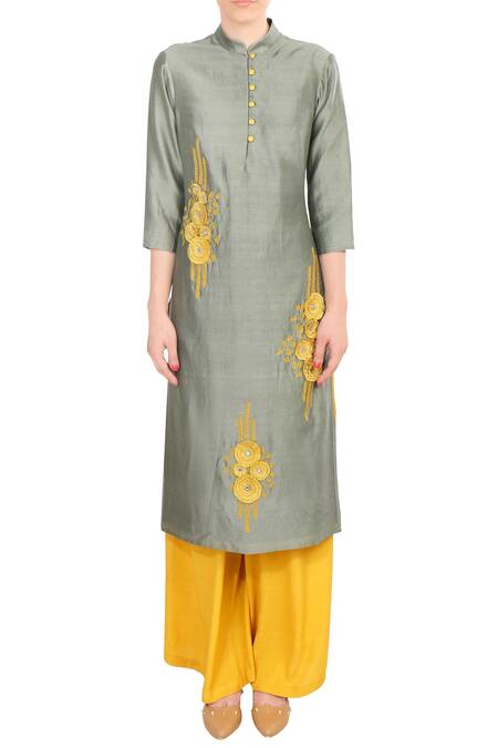 Soup By Sougat Paul Yellow Mandarin Collar Grey Embroidered Chanderi Kurta With Palazzos Online at Aza Fashions Soup By Sougat Paul_Yellow Mandarin Collar Grey Embroidered Chanderi Kurta With Palazzos _Online_at_Aza_Fashions