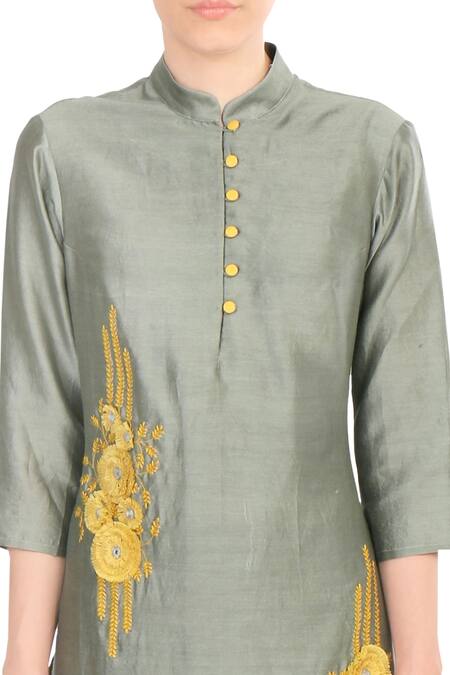 Buy Soup By Sougat Paul Yellow Mandarin Collar Grey Embroidered Chanderi Kurta With Palazzos Online at Aza Fashions Buy_Soup By Sougat Paul_Yellow Mandarin Collar Grey Embroidered Chanderi Kurta With Palazzos _Online_at_Aza_Fashions