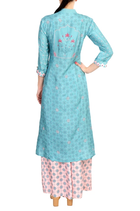 Soup By Sougat Paul Blue satin blend printed kurta with palazzo pants 