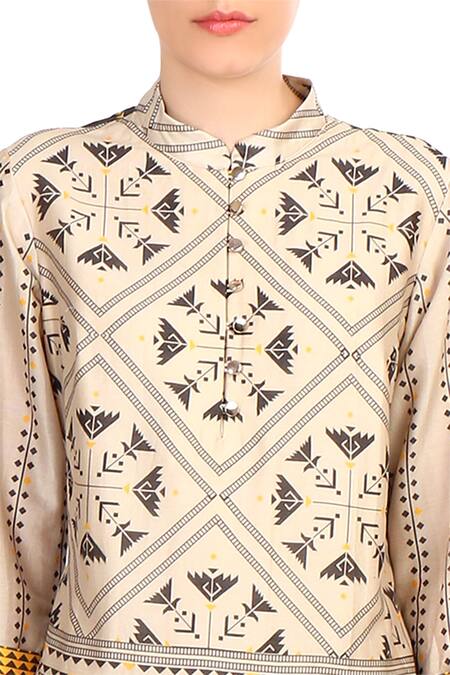 Buy_Soup By Sougat Paul_Cream Mandarin Collar Printed Chanderi Kurta Set _Online_at_Aza_Fashions