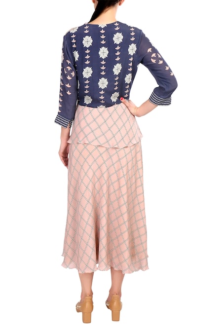 Shop Soup By Sougat Paul Blue Crepe Silk Floral Motifs, Geometric V Neck Printed Wrap Dress at Aza Fashions Shop_Soup By Sougat Paul_Blue Crepe Silk Floral Motifs, Geometric V Neck Printed Wrap Dress _at_Aza_Fashions