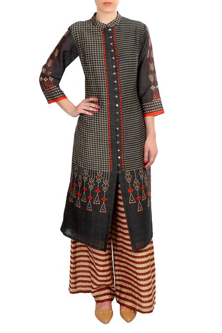 Soup By Sougat Paul Black Round Printed Chanderi Kurta With Pants Online at Aza Fashions Soup By Sougat Paul_Black Round Printed Chanderi Kurta With Pants _Online_at_Aza_Fashions