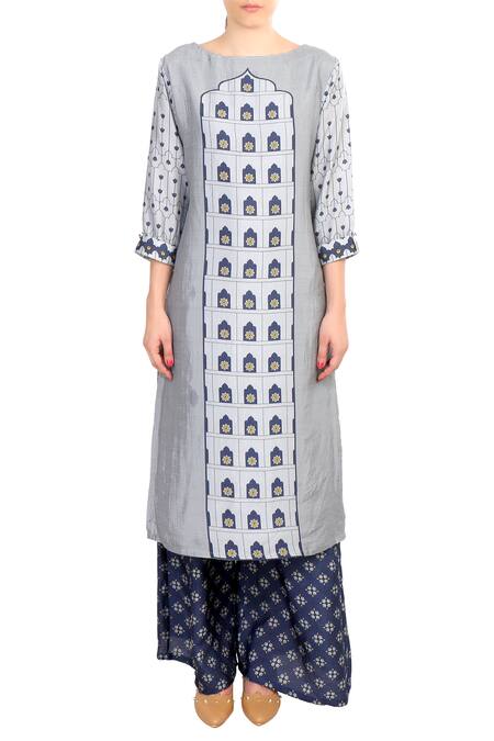 Soup By Sougat Paul Blue Boat Neck Printed Chanderi Kurta With Palazzos Online at Aza Fashions Soup By Sougat Paul_Blue Boat Neck Printed Chanderi Kurta With Palazzos _Online_at_Aza_Fashions