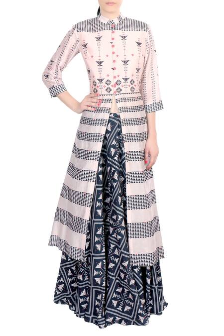 Soup By Sougat Paul_Blue Chanderi Pink Front Open Kurta With Lehenga _Online_at_Aza_Fashions