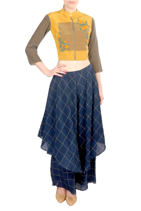 Soup By Sougat Paul_Blue Crepe Silk Chevron, Geometric Printed Jacket And Chequered Layered Pant _Online_at_Aza_Fashions