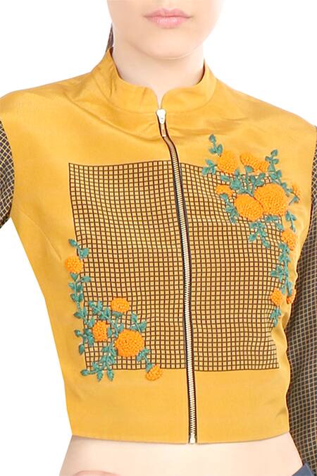 Buy_Soup By Sougat Paul_Blue Crepe Silk Chevron, Geometric Printed Jacket And Chequered Layered Pant _Online_at_Aza_Fashions