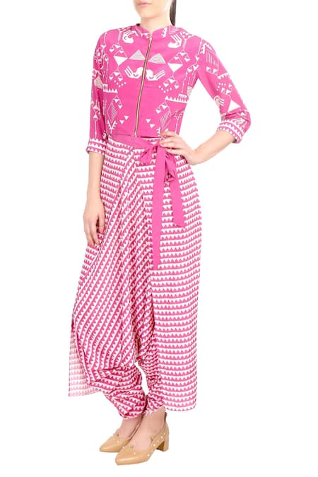 Soup By Sougat Paul Pink Crepe Silk Chevron, Geometric Motifs Printed Jacket And Dhoti Pant Set 