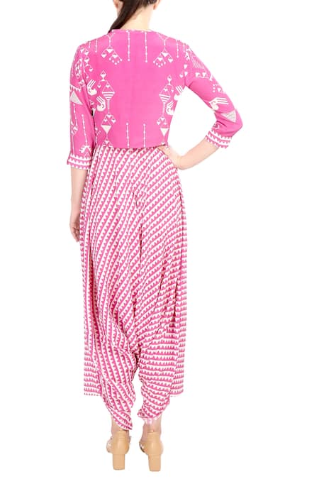 Shop Soup By Sougat Paul Pink Crepe Silk Chevron, Geometric Motifs Printed Jacket And Dhoti Pant Set at Aza Fashions Shop_Soup By Sougat Paul_Pink Crepe Silk Chevron, Geometric Motifs Printed Jacket And Dhoti Pant Set _at_Aza_Fashions