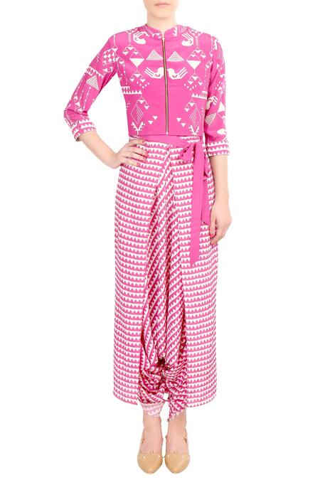 Soup By Sougat Paul Pink Crepe Silk Chevron, Geometric Motifs Printed Jacket And Dhoti Pant Set Online at Aza Fashions Soup By Sougat Paul_Pink Crepe Silk Chevron, Geometric Motifs Printed Jacket And Dhoti Pant Set _Online_at_Aza_Fashions