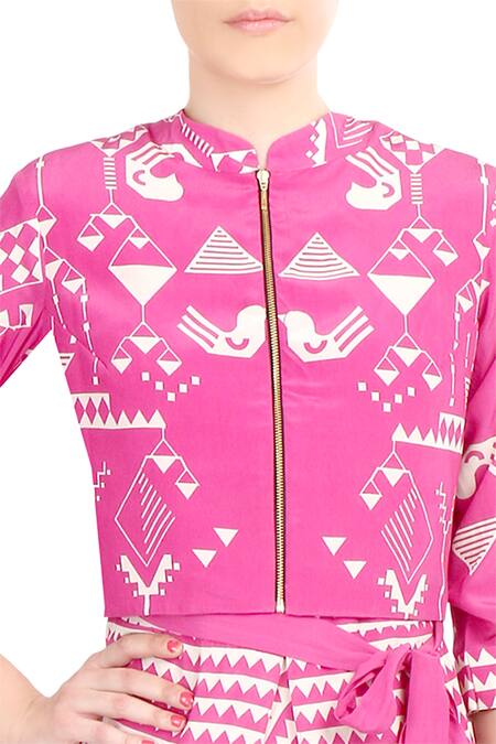 Buy Soup By Sougat Paul Pink Crepe Silk Chevron, Geometric Motifs Printed Jacket And Dhoti Pant Set Online at Aza Fashions Buy_Soup By Sougat Paul_Pink Crepe Silk Chevron, Geometric Motifs Printed Jacket And Dhoti Pant Set _Online_at_Aza_Fashions