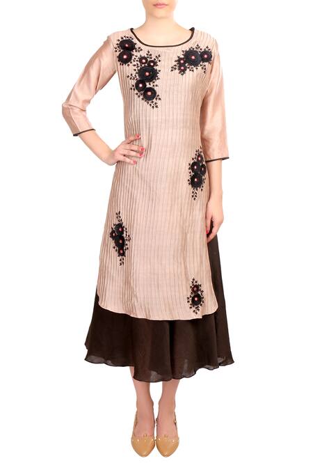 Soup By Sougat Paul Beige Chanderi Floral Round Layered Kurta Online at Aza Fashions Soup By Sougat Paul_Beige Chanderi Floral Round Layered Kurta _Online_at_Aza_Fashions