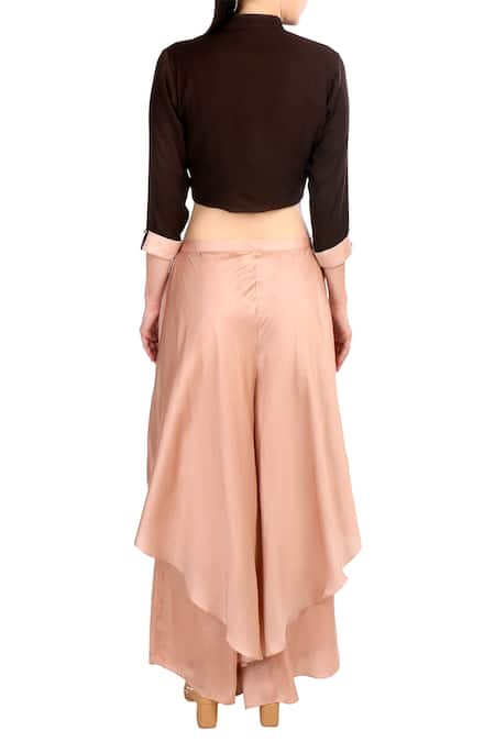 Shop Soup By Sougat Paul Brown Crepe Silk, Satin Blend Floral Embroidered Blouse And Layered Pant Set at Aza Fashions Shop_Soup By Sougat Paul_Brown Crepe Silk, Satin Blend Floral Embroidered Blouse And Layered Pant Set _at_Aza_Fashions