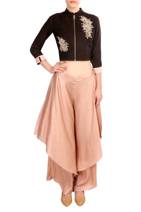 Soup By Sougat Paul Brown Crepe Silk, Satin Blend Floral Embroidered Blouse And Layered Pant Set Online at Aza Fashions Soup By Sougat Paul_Brown Crepe Silk, Satin Blend Floral Embroidered Blouse And Layered Pant Set _Online_at_Aza_Fashions
