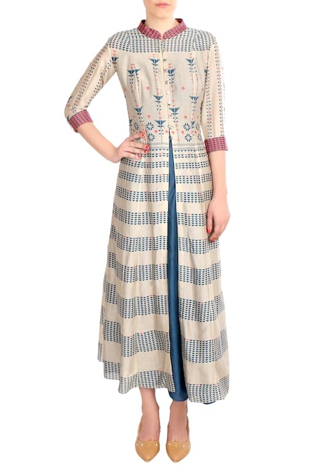 Soup By Sougat Paul Blue Mandarin Collar Printed Layered Chanderi Dress Online at Aza Fashions Soup By Sougat Paul_Blue Mandarin Collar Printed Layered Chanderi Dress _Online_at_Aza_Fashions