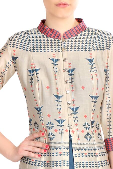 Buy Soup By Sougat Paul Blue Mandarin Collar Printed Layered Chanderi Dress Online at Aza Fashions Buy_Soup By Sougat Paul_Blue Mandarin Collar Printed Layered Chanderi Dress _Online_at_Aza_Fashions