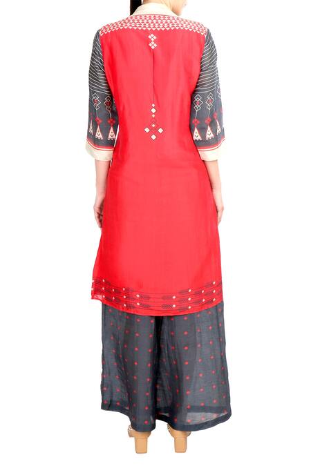 Shop_Soup By Sougat Paul_Black High Mandarin Chanderi Printed Kurta With Palazzo Pants _at_Aza_Fashions