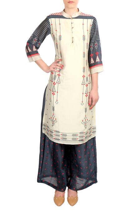 Soup By Sougat Paul_Black High Mandarin Chanderi Printed Kurta With Palazzo Pants _Online_at_Aza_Fashions