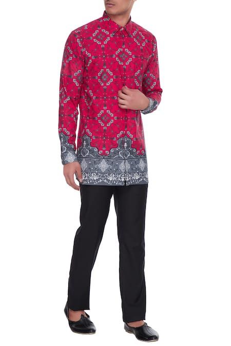 Mr. Ajay Kumar Magenta & grey agni printed kurta shirt 