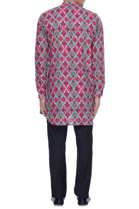 Shop_MR. Ajay Kumar_Pink Linen Rudra Floral Print Kurta_at_Aza_Fashions