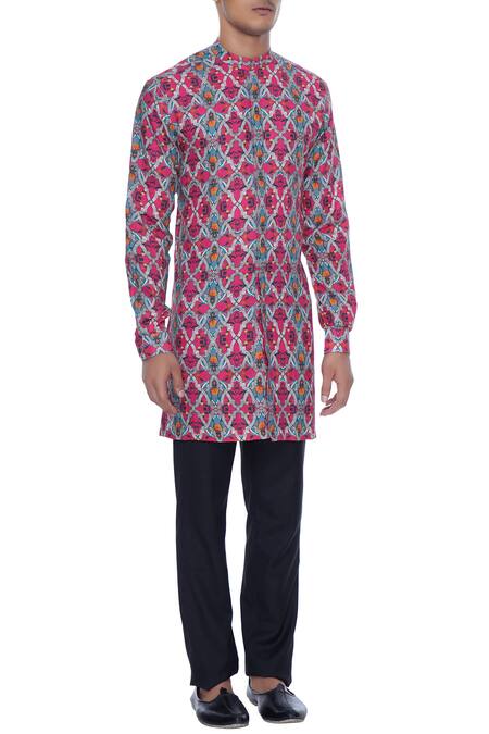 MR. Ajay Kumar_Pink Linen Rudra Floral Print Kurta_Online_at_Aza_Fashions