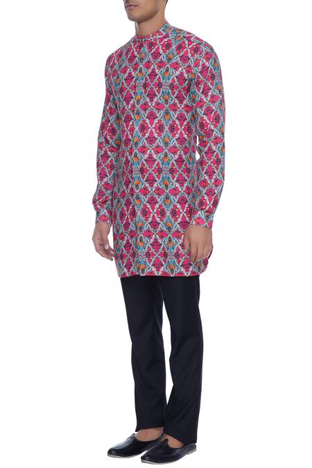 Buy_MR. Ajay Kumar_Pink Linen Rudra Floral Print Kurta_Online_at_Aza_Fashions