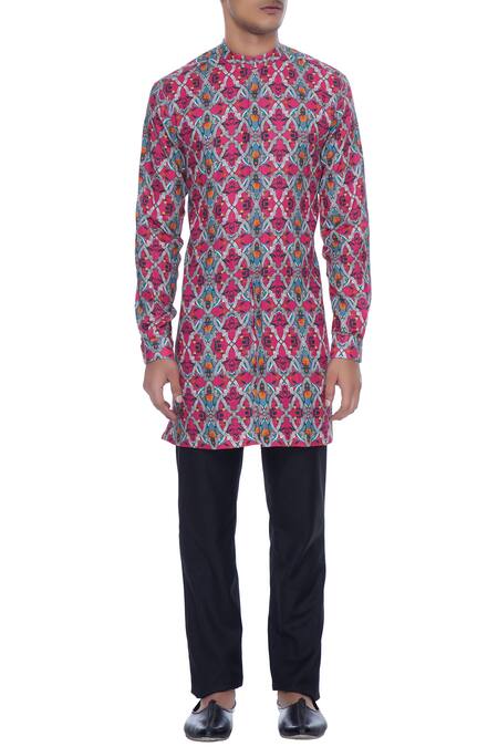 Shop_MR. Ajay Kumar_Pink Linen Rudra Floral Print Kurta_Online_at_Aza_Fashions