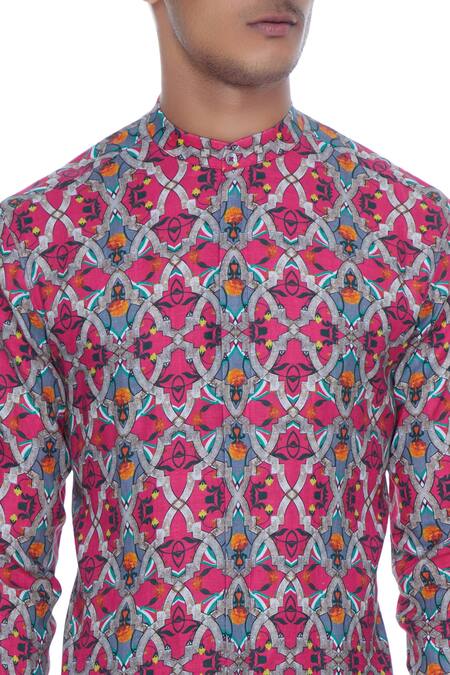 MR. Ajay Kumar_Pink Linen Rudra Floral Print Kurta_at_Aza_Fashions