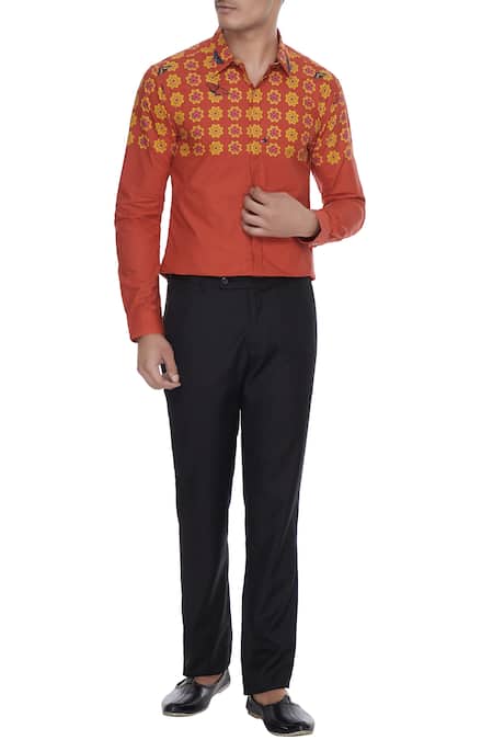 Mr. Ajay Kumar Orange Luxe Cotton Engineered Butterfly Collar Shirt With Long Sleeves 