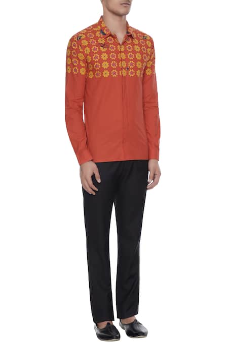 MR. Ajay Kumar_Orange Butterfly Floral Engineered Print Collar Shirt_Online_at_Aza_Fashions