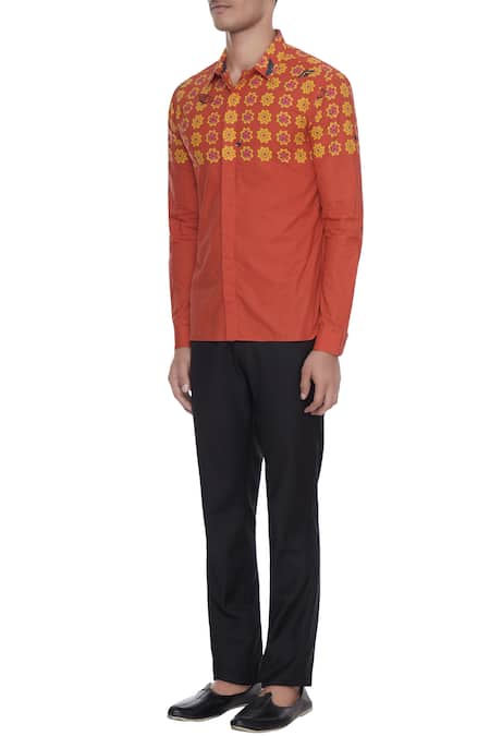 Buy_MR. Ajay Kumar_Orange Butterfly Floral Engineered Print Collar Shirt_Online_at_Aza_Fashions