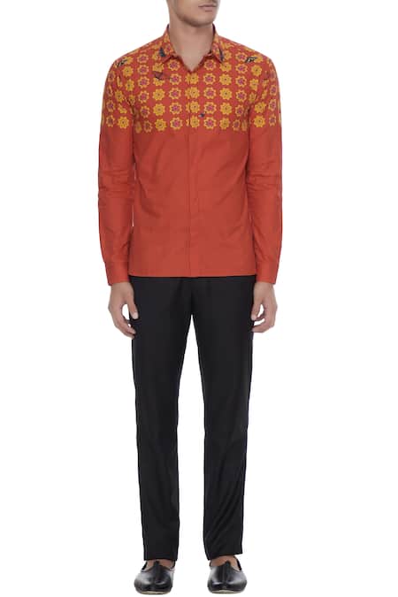 Shop_MR. Ajay Kumar_Orange Butterfly Floral Engineered Print Collar Shirt_Online_at_Aza_Fashions