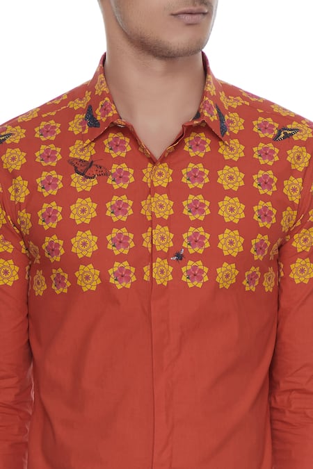 MR. Ajay Kumar_Orange Butterfly Floral Engineered Print Collar Shirt_at_Aza_Fashions