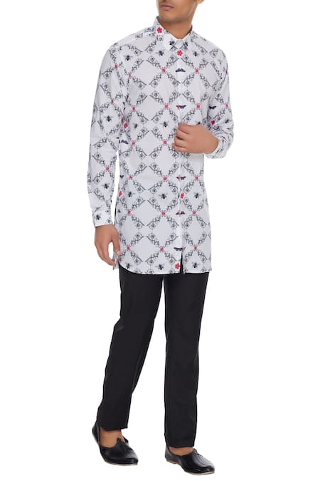 Mr. Ajay Kumar White nilgiri printed long sleeve kurta shirt 