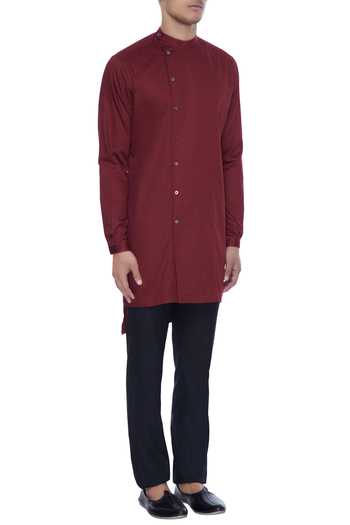 MR. Ajay Kumar_Maroon , Satin, Lycra High-low Kurta And Straight Pant Set_Online_at_Aza_Fashions
