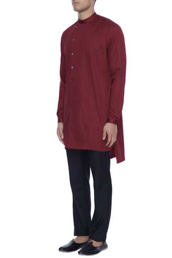 Buy_MR. Ajay Kumar_Maroon , Satin, Lycra High-low Kurta And Straight Pant Set_Online_at_Aza_Fashions