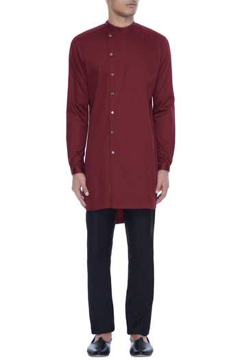 Shop_MR. Ajay Kumar_Maroon , Satin, Lycra High-low Kurta And Straight Pant Set_Online_at_Aza_Fashions