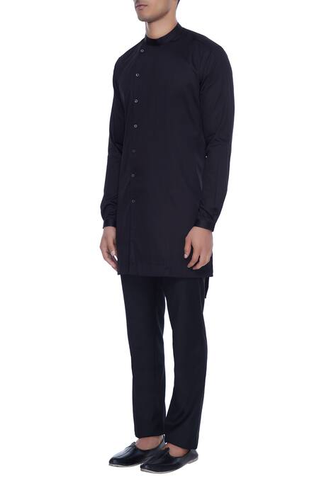 Buy_MR. Ajay Kumar_Black Cotton Button Down High-low Kurta_Online_at_Aza_Fashions