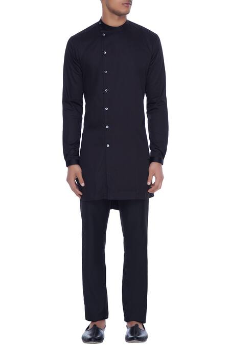 Shop_MR. Ajay Kumar_Black Cotton Button Down High-low Kurta_Online_at_Aza_Fashions