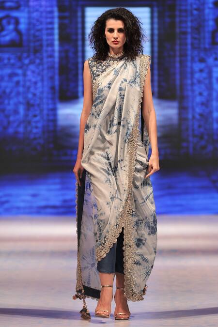 Shop_Vikram Phadnis_Cobalt Blue Tie-dye Pre-draped Saree With Attached Pants And Blouse_at_Aza_Fashions