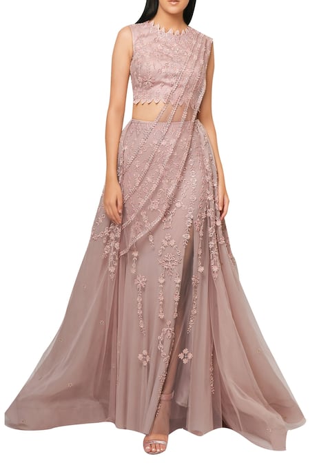 Reeti Arneja Pink Net Organza Embroided Lehenga With Attached Draped Dupatta