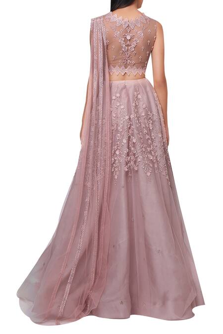 Shop_Reeti Arneja_Pink Net Organza Embroided Lehenga With Attached Draped Dupatta_at_Aza_Fashions