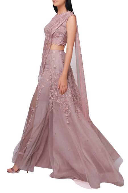 Reeti Arneja_Pink Net Organza Embroided Lehenga With Attached Draped Dupatta_Online_at_Aza_Fashions