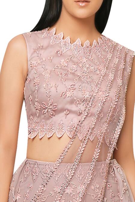 Buy_Reeti Arneja_Pink Net Organza Embroided Lehenga With Attached Draped Dupatta_Online_at_Aza_Fashions