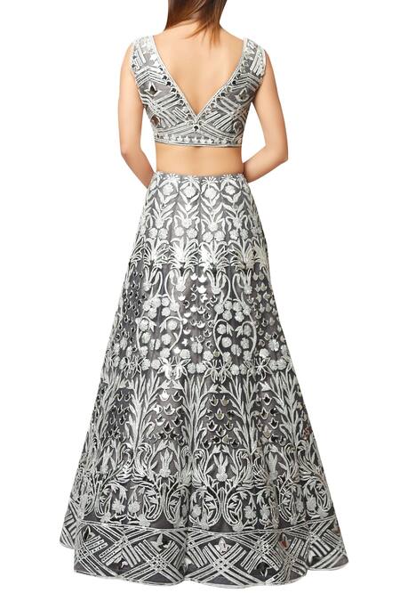 Shop Reeti Arneja Steel Grey Embroided Net Lehenga And Shantoon Blouse. at Aza Fashions Shop_Reeti Arneja_Steel Grey Embroided Net Lehenga And Shantoon Blouse._at_Aza_Fashions