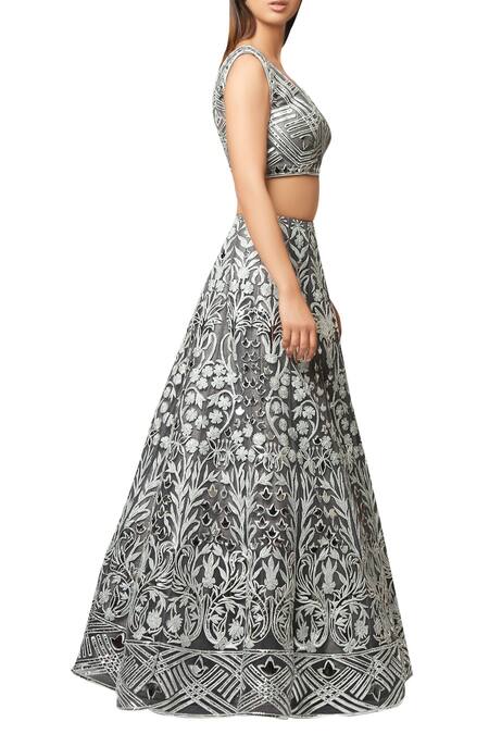 Reeti Arneja Steel Grey Embroided Net Lehenga And Shantoon Blouse. Online at Aza Fashions Reeti Arneja_Steel Grey Embroided Net Lehenga And Shantoon Blouse._Online_at_Aza_Fashions