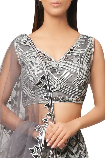 Shop Reeti Arneja Steel Grey Embroided Net Lehenga And Shantoon Blouse. Online at Aza Fashions Shop_Reeti Arneja_Steel Grey Embroided Net Lehenga And Shantoon Blouse._Online_at_Aza_Fashions