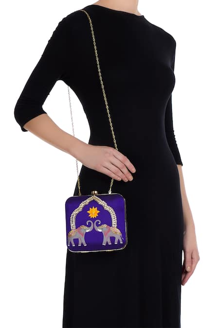 Crazy Palette Purple hand painted elephant & pearl clutch 